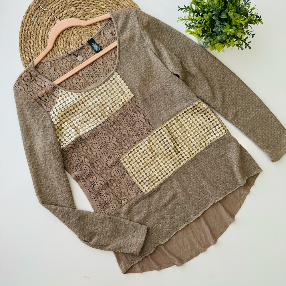 BKE Brown and Cream Patchwork Top